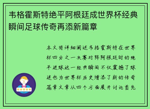 韦格霍斯特绝平阿根廷成世界杯经典瞬间足球传奇再添新篇章